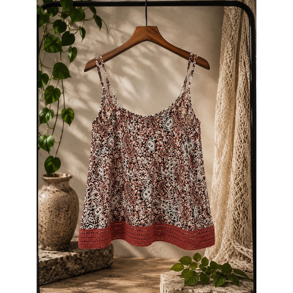 Volcom Paisley Crochet Trim Tank Top Boho Festival Red Cream Size L 14 - Picture 2 of 4